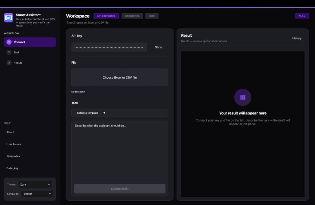 Smart Assistant — desktop app for Excel and CSV with AI draft workflow