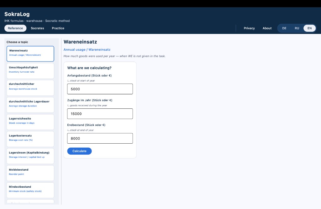 SokraLog — IHK warehouse logistics formula calculator